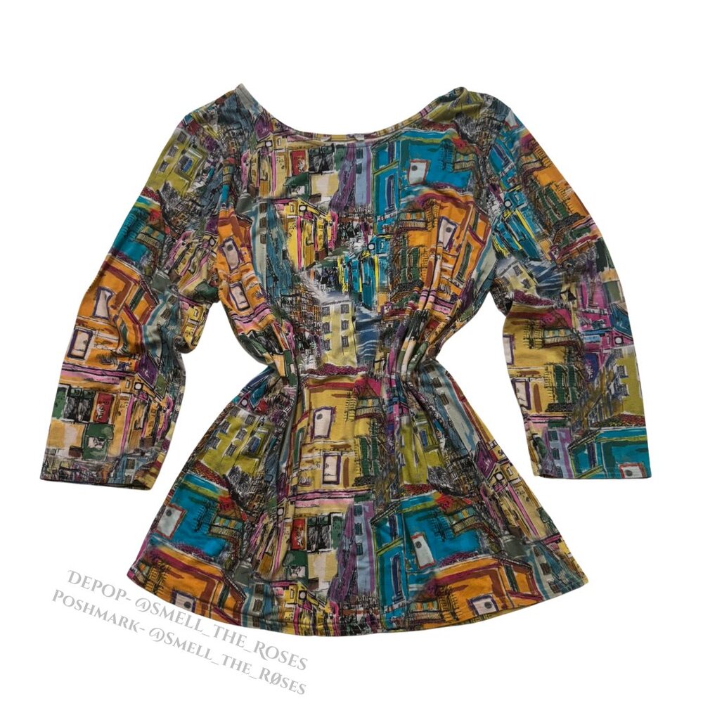 Y2K Cityscape 3/4 Sleeve Top | Woman's Large | Parisian Patterned Blouse